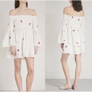 Free People Counting Daisies Ivory embroidered Off Shoulder Boho Mini dress Med